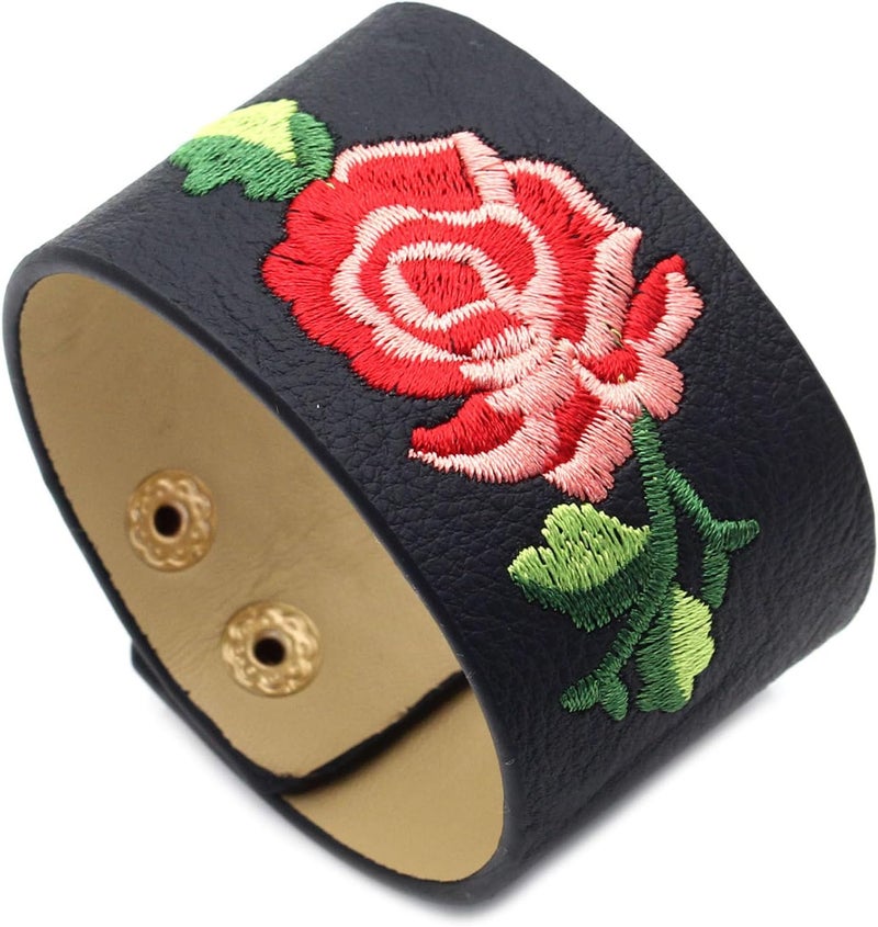 Fusamk Punk Rock Flower Print Pattern Wristband Wide Leather Cuff Bracelet - Image 1